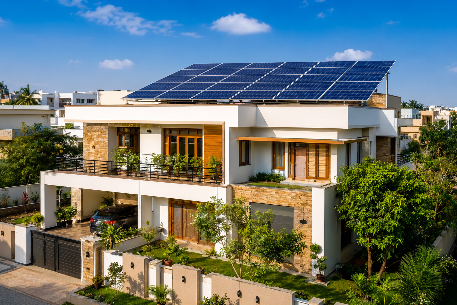 Residential house with rooftop solar panel installation