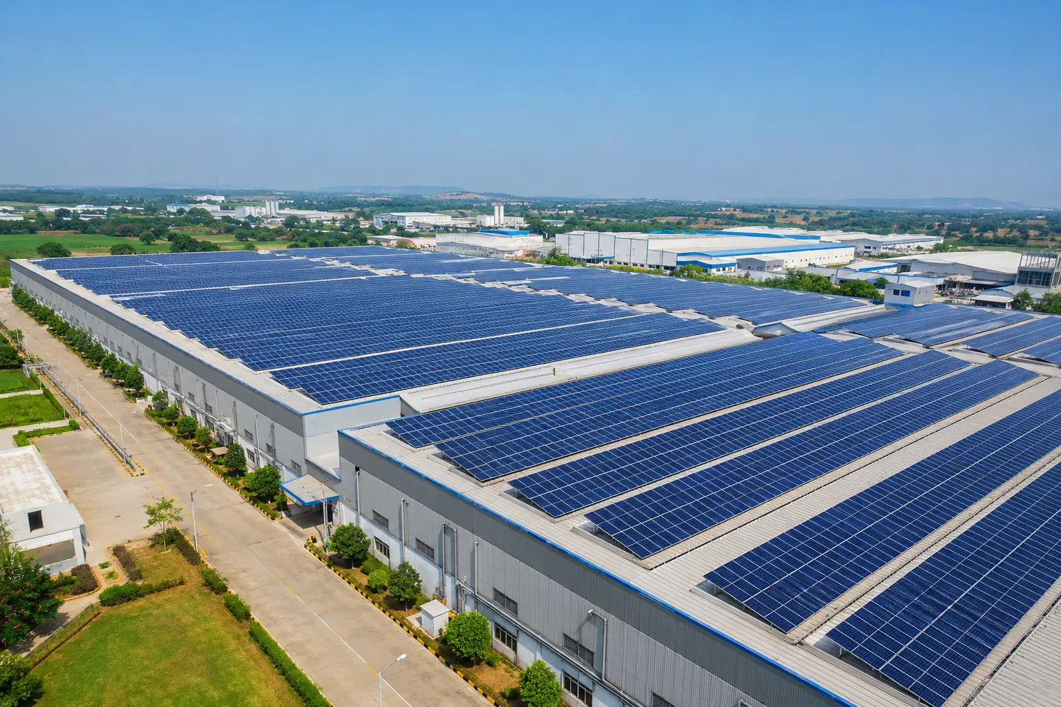 Large industrial rooftop covered with solar panels